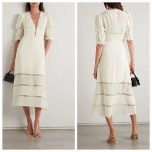 NEW NWT Reformation Ginny Lace Trim Midi Dress Ivory V-Neck Puff Sleeve Size 12